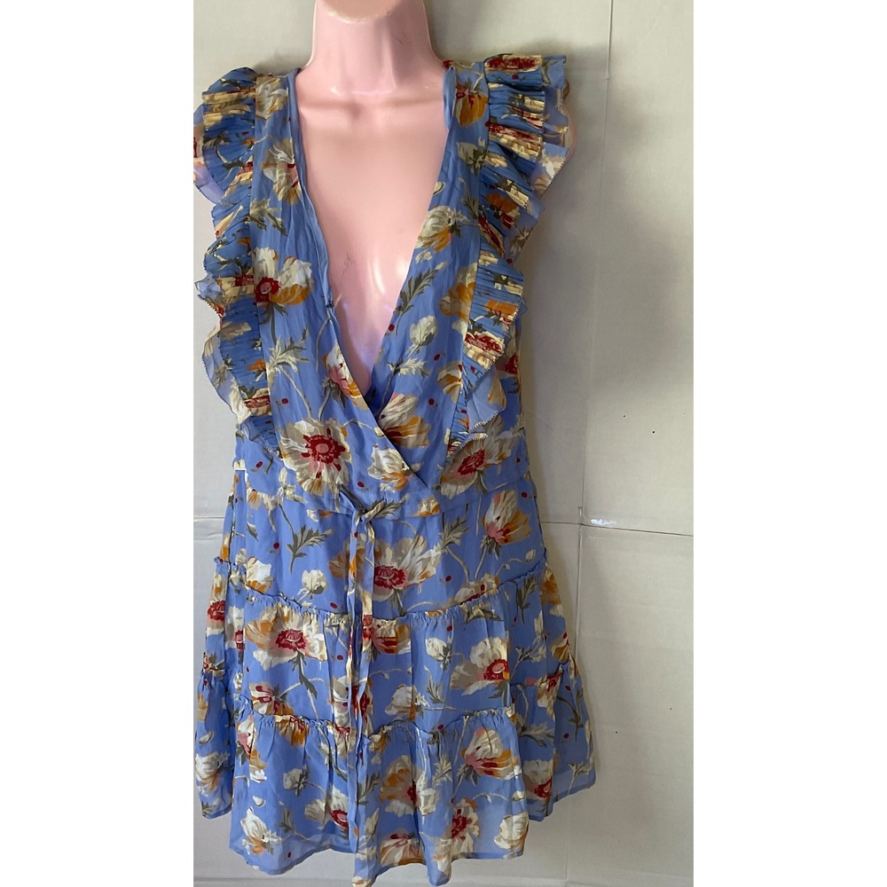 PAIGE Barbarella Dream Blue Poppy Meadow Silk Ruffle Tiered Mini Dress XS NWT
